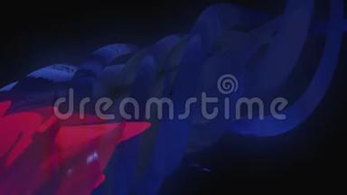 彩色动画的反射三维霓虹灯波交织在旋转的黑暗背景。 动画。 五彩缤纷